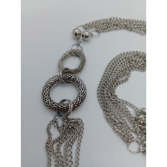 Multi Strand Circular Chain Tassel Pendant Silver Tone 24" Chain Necklace - Picture 4 of 6
